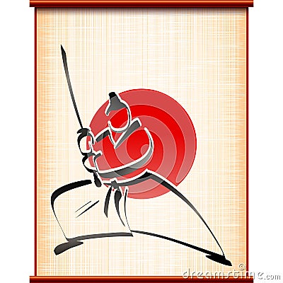 Samurai background parchment katana fighting stance ink silhouette Vector Illustration