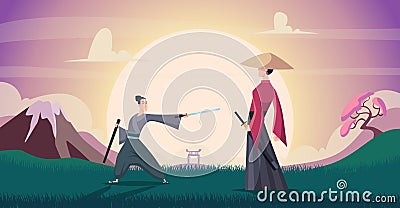 Samurai background. Warriors in action poses asian fighters exact vector illustration in cartoon style Vector Illustration