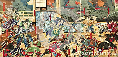 Samurai battle on old Japanese Traditional paintings Stock Photo