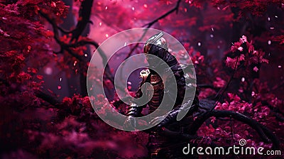 Samurai in beautiful iron armor in a magical forest with neon lights, movie concept Stock Photo