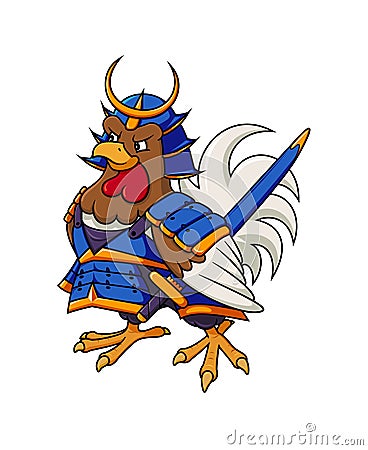 Samurai Chicken or Rooster in blue armor of japanese warrior and with sword. Ninja Cock Mascot for fast food restaurant or sushi Cartoon Illustration