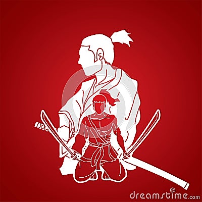 2 Samurai composition with swords cartoon graphic Vector Illustration