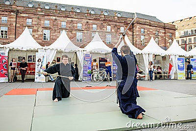 Samurai fight center of city performance Editorial Stock Photo
