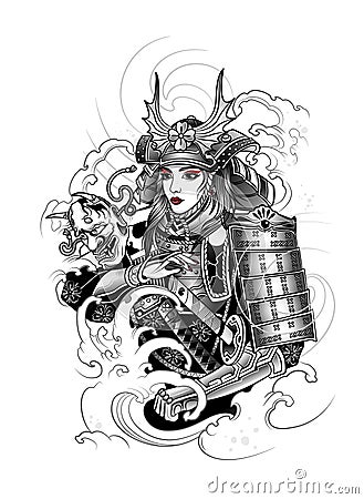 Japanese samurai girl in war suit, katana Vector Illustration