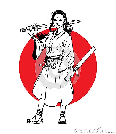 Cute Mask Samurai Girl Hand Drawn Illustration Sketch, Isolated Vector Stock Photo