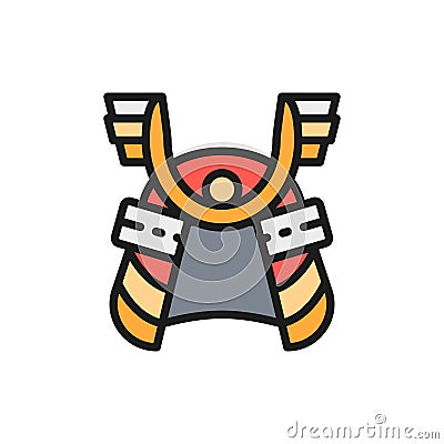 Samurai helmet, japanese warrior mask flat color line icon. Vector Illustration