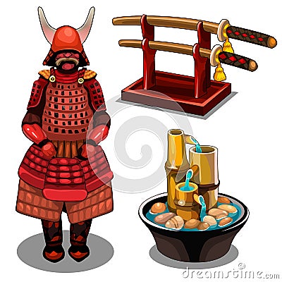 Samurai, katana on stand and decorative fountain Vector Illustration