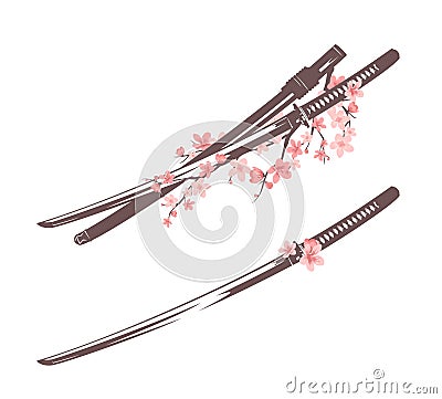 Samurai katana sword and sakura flowers vector design set Vector Illustration