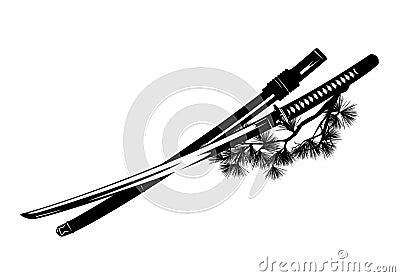 Samurai katana sword with scabbard and pine tree branch black and white vector outline Vector Illustration