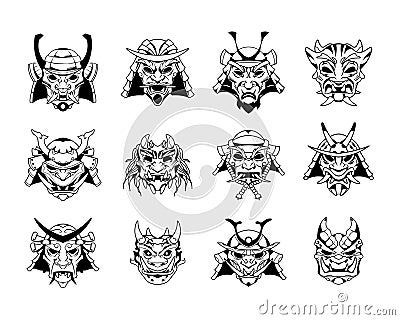 Samurai mask. Hand drawn Japanese warrior helmet tattoo. Medieval bushido demon engraving. Asian traditional head of Vector Illustration