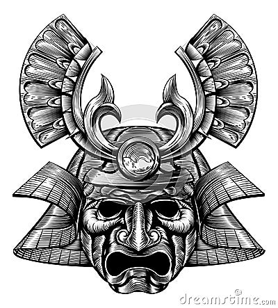 Samurai Mask Woodblock Style Vector Illustration