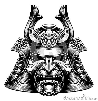 Samurai Mask Woodcut Style Vector Illustration