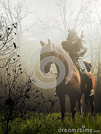 Samurai rider into the mist Stock Photo