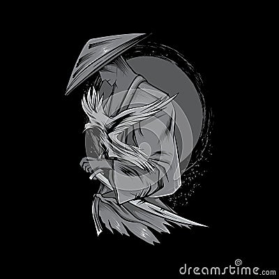 samurai ronin with bird illustration black and white Vector Illustration