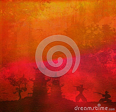 Samurai silhouette in Asian Landscape Cartoon Illustration