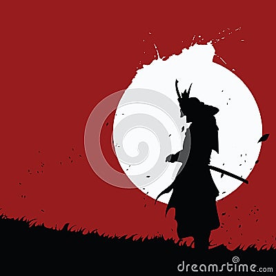 Samurai silhouette on the blood moon cartoon vector illustration Vector Illustration