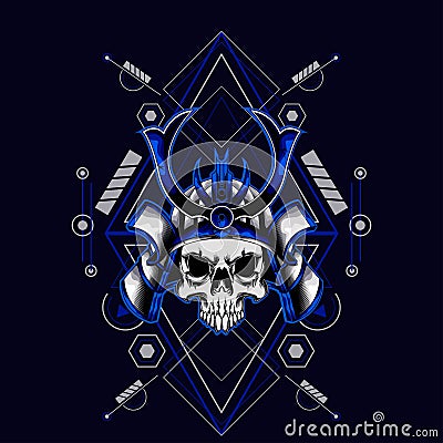 Samurai skull helmet with sacred geometry for t-shirt design Vector Illustration