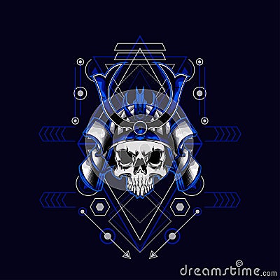 Samurai skull helmet with sacred geometry for t-shirt design Vector Illustration