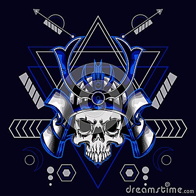 Samurai skull helmet with sacred geometry for t-shirt design Vector Illustration