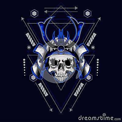 Samurai skull helmet with sacred geometry for t-shirt design Vector Illustration