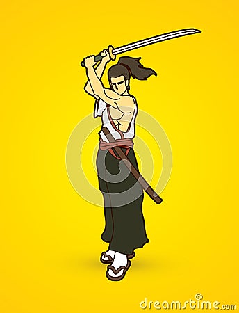 Samurai standing with sword katana, Ready to fight Vector Illustration