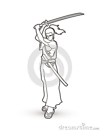 Samurai standing with sword katana, Ready to fight Vector Illustration