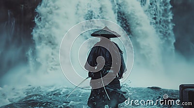 A samurai stands in front of a raging waterfall finding strength and power in its forceful presence Stock Photo