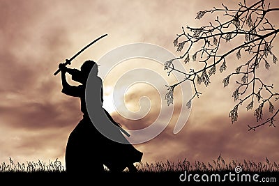 Samurai with sword at sunset Stock Photo