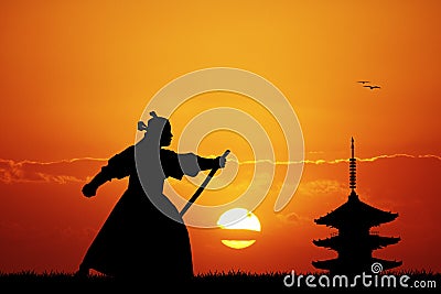 Samurai with swords at sunset Stock Photo