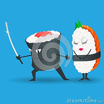 Samurai vector sushi cartoon character illustration. Japanese food.Sushi set. Logo sushi Vector Illustration