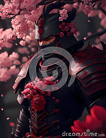 Samurai warrior armor throw a pink flowers of spring Stock Photo