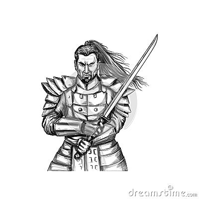 Samurai Warrior Fight Stance Tattoo Cartoon Illustration