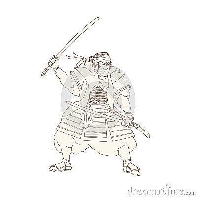 Samurai Warrior Katana Fight Stance Woodblock Vector Illustration