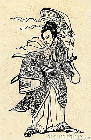 Samurai warrior with katana sword and hat Stock Photo