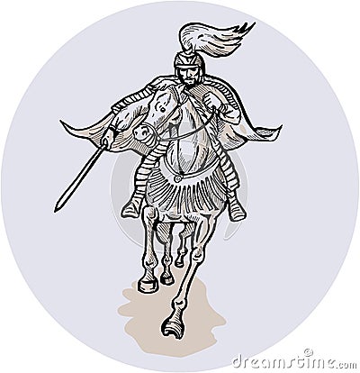 Samurai Warrior With Katana Sword Horseback Etching Cartoon Illustration