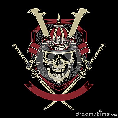 Samurai Warrior Skull with Crossed Katana Swords Vector Illustration