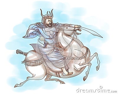 Samurai warrior with sword riding horse Stock Photo