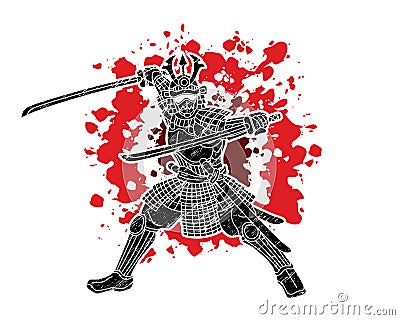 Samurai Warrior with Weapon Bushido Action Ready to Fight Cartoon Graphic Vector Vector Illustration