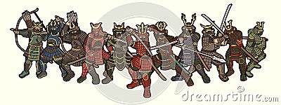 Samurai Warrior with Weapons Group of Ronin Japanese Fighter Cartoon Graphic Vector Vector Illustration