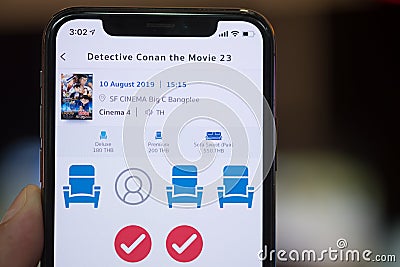 Samut Prakan, Thailand - August 10, 2019 : Book seat online ticket on mobile Detective Conan the movie 23 Editorial Stock Photo