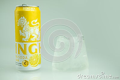 Samut Prakan, Thailand - August 26, 2020 : New products from `Singha`. canned of singha lemon soda no sugar wice ice in glass. Editorial Stock Photo