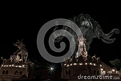 Erawan Museum is a Elephant head sculpture with 3 heads on dark night background, It is one of the important and unique tourist Editorial Stock Photo