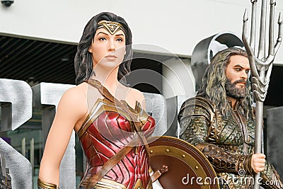 SAMUT PRAKAN, THAILAND - 21 NOVEMBER 2017 - Model of Wonder woman with blurred Aquaman from The movie Justice League Editorial Stock Photo