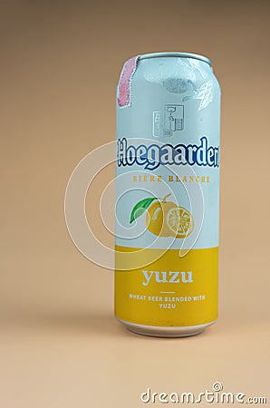 Samut Prakan, Thailand - October 23, 2022 : A can of Hoegaarden Yuzu Belgium beer 500 ml size Editorial Stock Photo