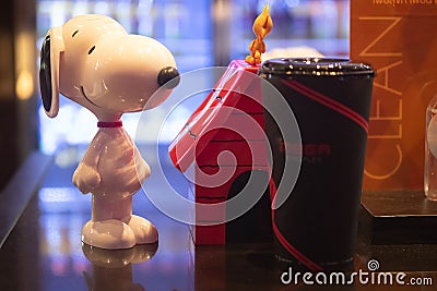 Samut Prakan, Thailand - September 14, 2020 : Plastic of Snoopy drink cup and Woodstock popcorn bucket set from Major Cineplex Editorial Stock Photo