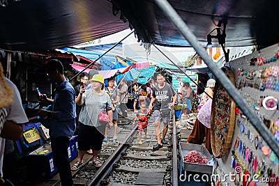 Samut Songkhram, Thailand - Oct 5, 2018 : Maeklong Railway Market (aka. Talad Rom Hub) at Samut Songkhram, Thailand Editorial Stock Photo