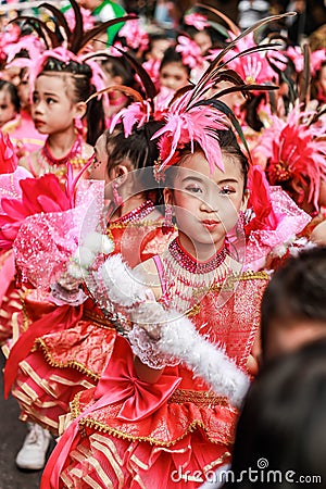 SAMUTSAKORN, THAILAND-December, 26,2019: Focus one portrait group child Drum Mayer school students parade Editorial Stock Photo