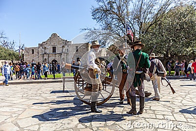 SAN ANTONIO, TEXAS - MARCH 2, 2018 - Men dressed as 19th century soldiers participate in the reenactment of the Battle of the Alam Editorial Stock Photo