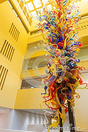 SAN ANTONIO, TEXAS - MARCH 26, 2018 - San Antonio Central Library lobby with glass sculpture `Fiesta Tower` designed by Dale Chihu Editorial Stock Photo