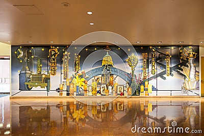 SAN ANTONIO, TEXAS - MATCH 26, 2018 - San Antonio Central Library lobby with wall mural of the city. Editorial Stock Photo